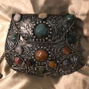 Elegante Vintage Metal Sajai Purse / Agate Stones